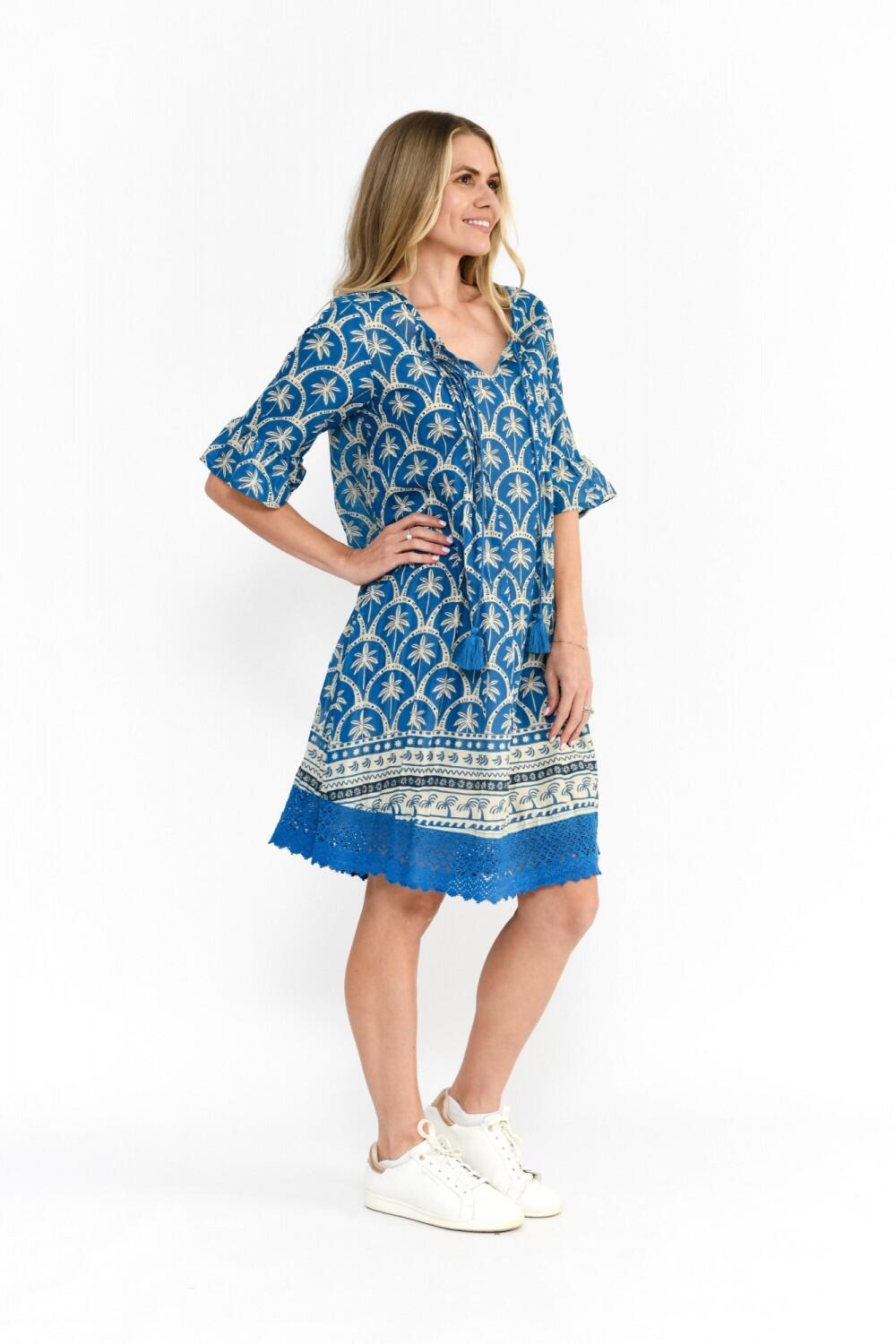 One Summer Kleid Palm Border blue
