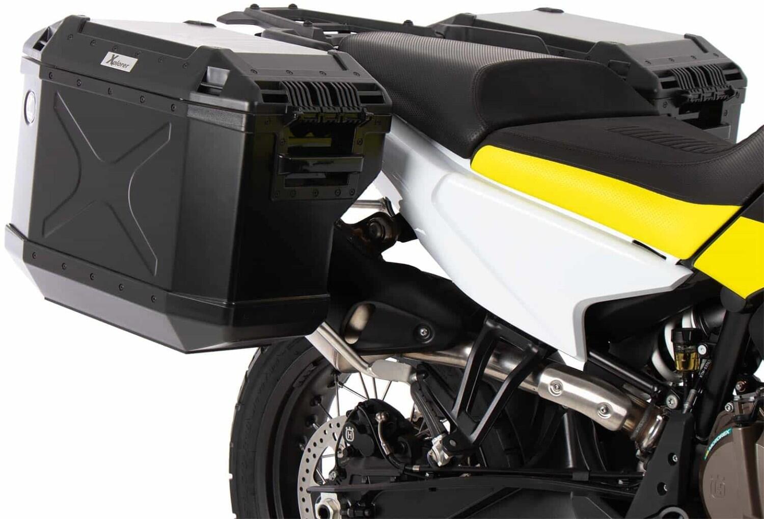 Kofferträgerset Cutout Edelstahl inkl. Xplorer Cutout black Kofferset für Husqvarna Norden 901