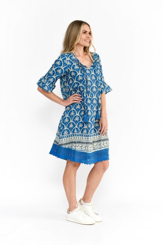 One Summer Kleid Palm Border blue