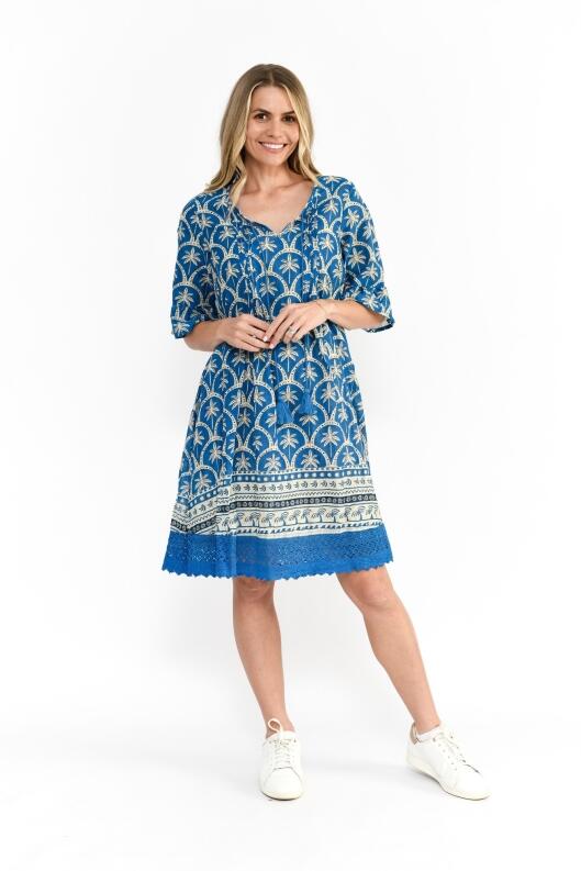 One Summer Kleid Palm Border blue