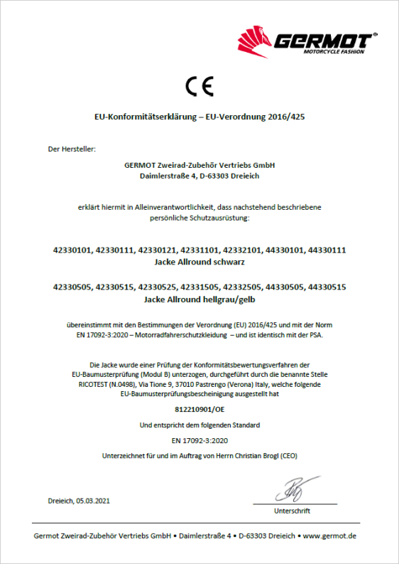 Germot Motorradjacke Allround Kurzgröße